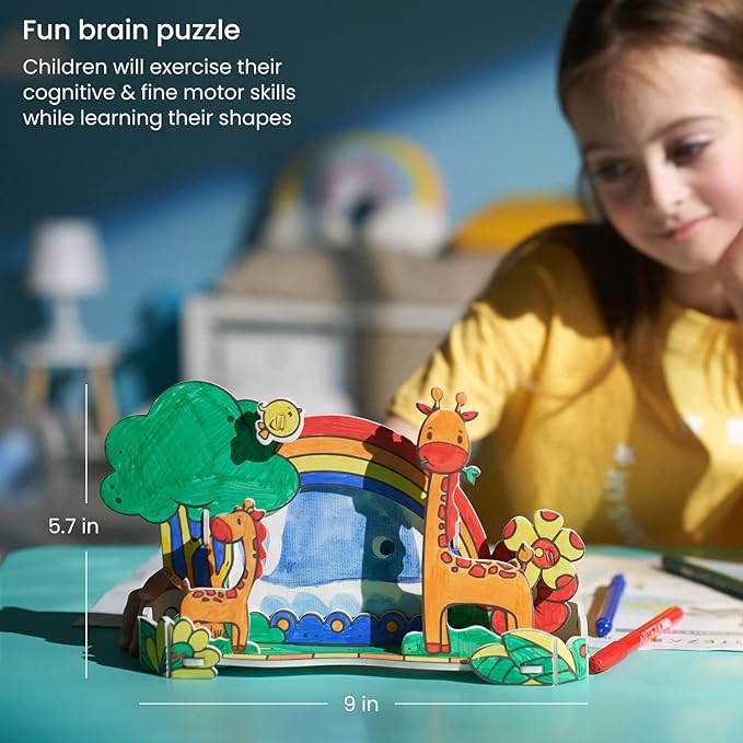 Arteza Kids 3D Puzzle, Owl & Giraffe to Craft, Photo Frame & Pen Holder Model Kit with 23 Foam Pieces, 5 Nontoxic Markers, and Easy-to-Follow Instructions, Art Supplies for Kids’ Activities
