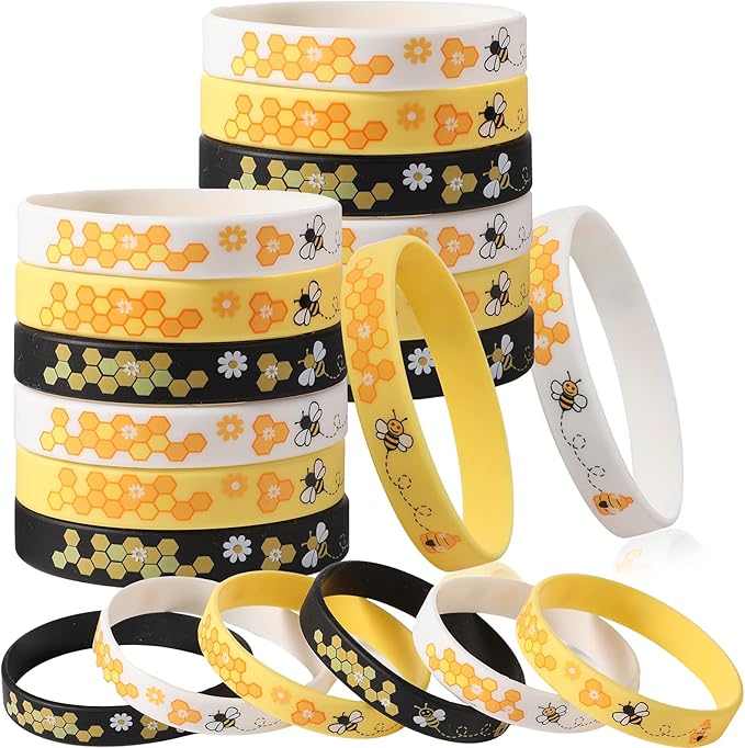 Bee Bracelet Silicone Bee Wristband Assorted Color Bee Theme Party Favors Bee Teachers Decorations Classroom Decorations Bees Wristband for Boy Girl Bee Birthday Baby Shower Party Supply (96 Pieces)