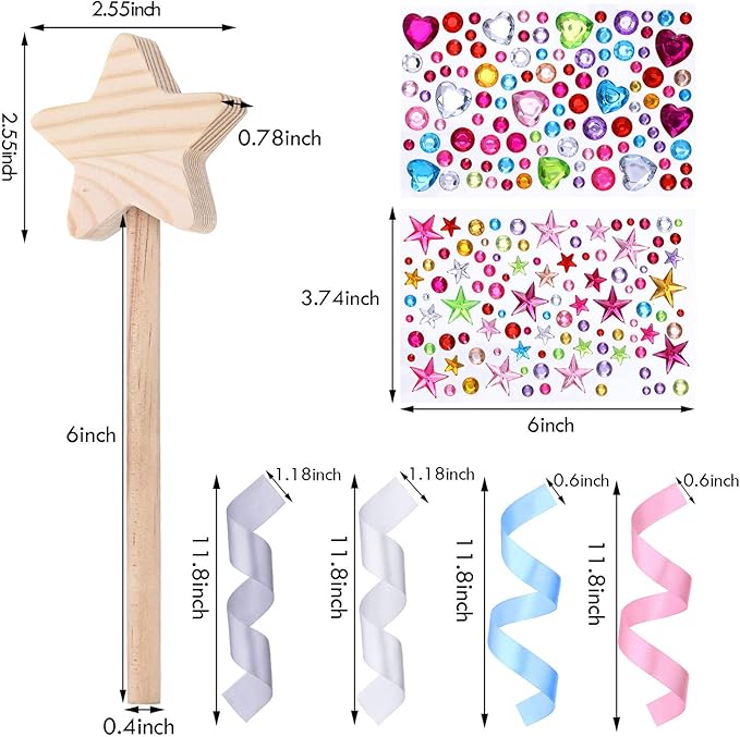 BBTO 24 Pieces Make Your Own Princess Wand Kit Include 2 Wooden Star Wands, 2 Dowels, 4 Satin Ribbons, 2 Gem Stickers, 6 Paints, 2 Paintbrushes, 6 Glitter Glues Pens Fairy Wand Art Craft Kit for Girl