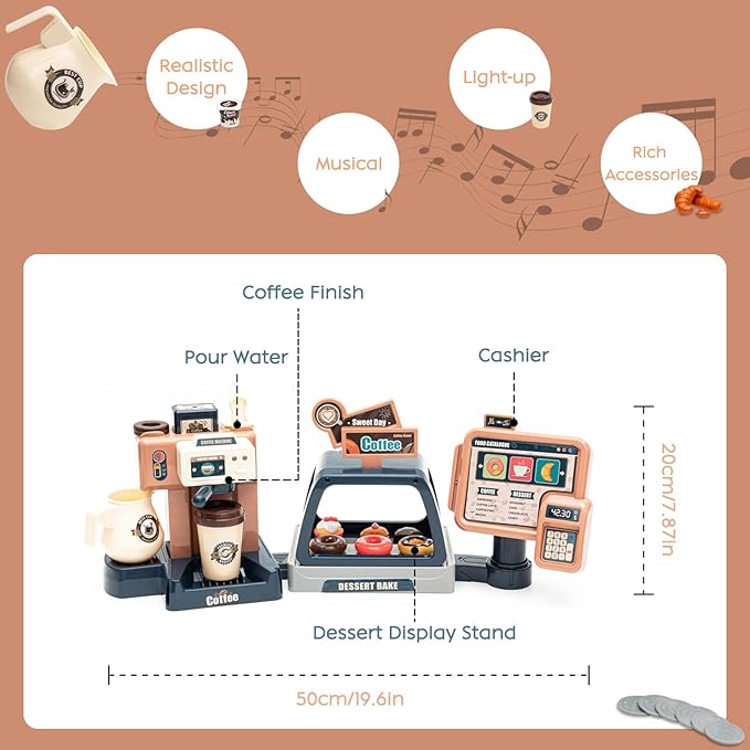 Jomifin Pretend Role Play Toy Coffee Shop for Boys and Girls with Coffee Maker Machine and Fake Donuts 41Pcs (Classic Edition)