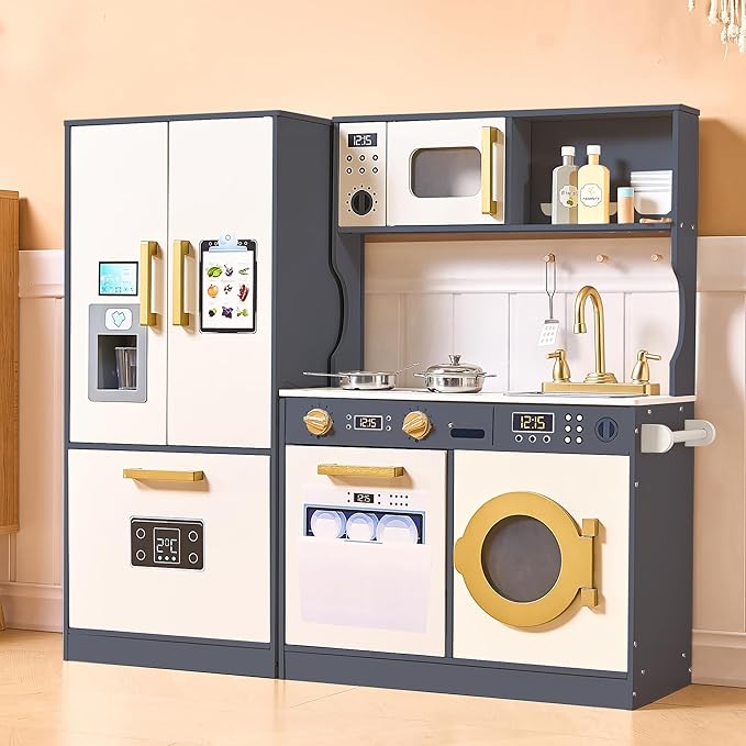 Kids Kitchen Playset with Realistic Design, Luxury Play Kitchen with Extended Storage Cabinets, Toy Kitchen for Toddlers with Coffee Counter, Cookware Accessories, Oven, Microwave (White and Black)