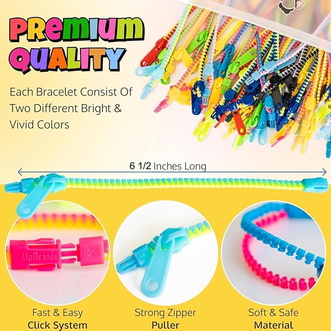 UpBrands 12 Pack Bi-color 6 1/2-Inch Zipper Bracelets | Trendy Fidget Accessory, Dual-Tone Design, Ideal for Kids & Adults, Sensory Relief, Party Favor & Classroom Reward