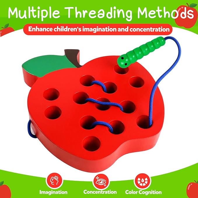 Lacing Toys for Toddlers - Wooden Lacing Apple Threading Toy, Shape Puzzle Fun Travel Game for Montessori Early Learning of Fine Motor Skills Lacing Toy, Educational Gift for Boys and Girls Ages 3-5