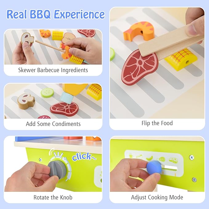 Costzon Kids Barbecue Grill Playset, Wooden Pretend Cooking Truck with 21 Play Food & Barbecue Accessories, Role Play BBQ Toy Set, Interactive Little Chef Cooking Play Stand for Girls & Boys Age 3+