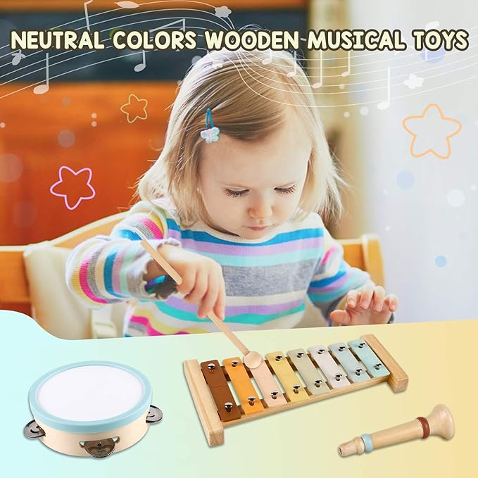 LOOIKOOS Toddler Musical Instruments Toys, Wooden Percussion Instruments Set for Kids Baby with Xylophone, Preschool Educational Musical Toys for Boys and Girls with Storage Bag(12pcs)
