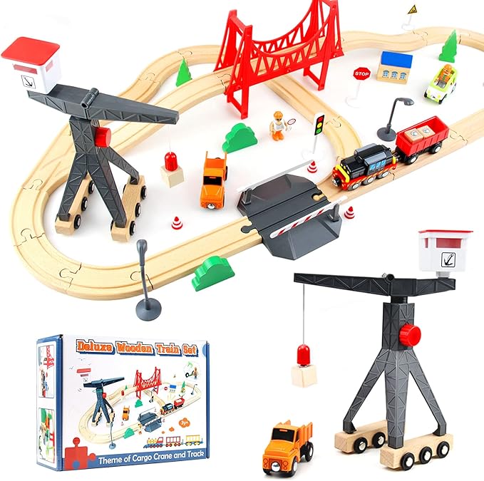 WOOD CITY Wooden Train Set, 56-Piece Deluxe Kids Toy Train Set for 2 3 4 5 Year Old Boy, Cargo-Themed Train Track with Tower Crane & Suspension Bridge - Fits Thomas Brio Chuggington Melissa Orbrium