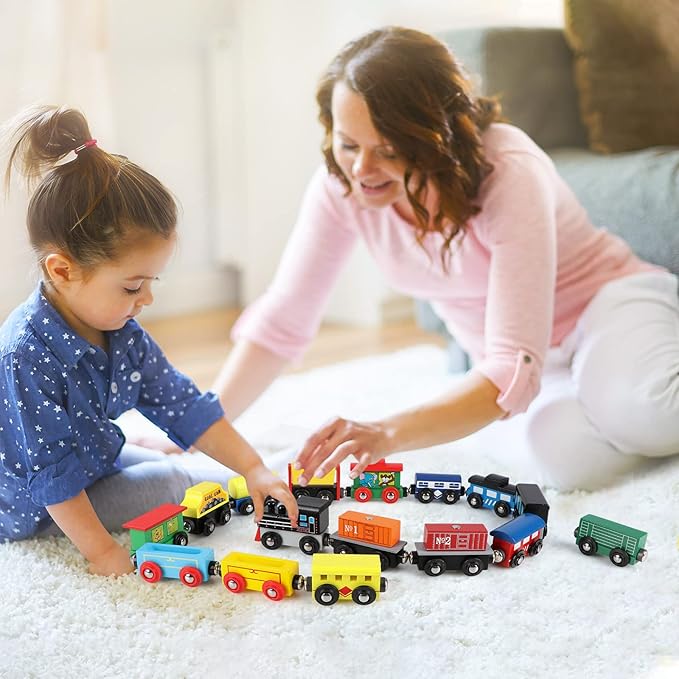 Wondertoys 16 Piece Magnetic Wooden Train Set for Toddlers - Includes Storage Bag and Track Accessories