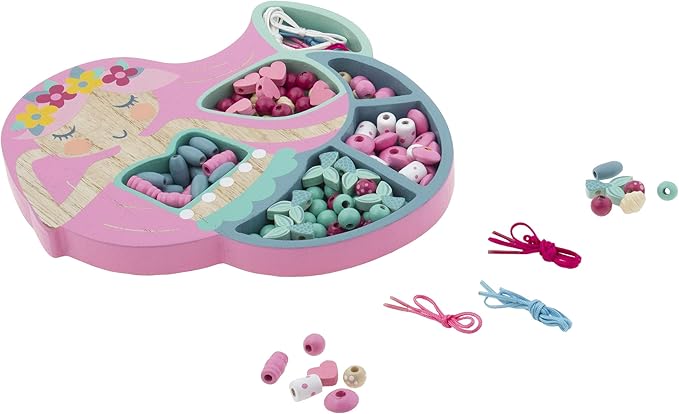 Stephen Joseph, Wooden Bead Kit for Kids, 125 Wooden Beads with 4 Necklace and 4 Bracelet Cords with Reusable Wooden Tray, Premium Wood Jewelry Making Kit for Kids, Mermaid