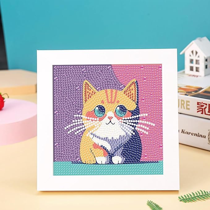hkejoi Cat Diamond Painting Kits with Frame, Cat Diamond Art Kits, Cat Gem Art Kit, Crystal Art for Gift Home Wall Decor 7x7 Inch