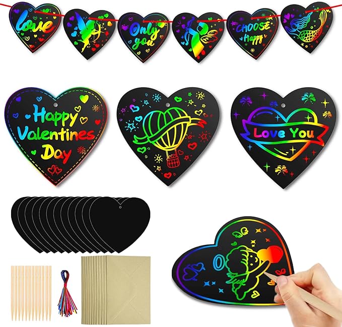 Cute Valentines Day Cards Kids Gifts - Birthday Party Favor Scratch Doodle Heart Paper Gift Idea for Child, Arts Crafts for Christmas Stocking Stuffers DIY Present for Boys Girls, Easter Gifts for Kid