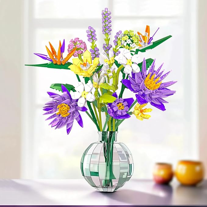 BIGEARN Flower Building Toy Set for Adults, 891 PCS Bouquet Building Set with 13 Unique Stems for Home Decor, Ideal Gift for Any Occasion