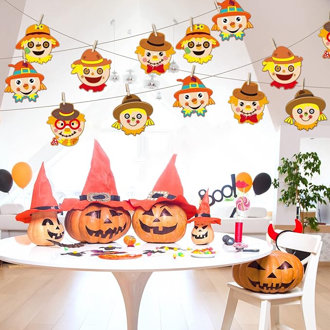 chiazllta 30 Pcs Thanksgiving Fall Craft for Kids Kindergarten DIY Scarecrow Craft Kits Fall Autumn Art Craft Make Your Own Scarecrow Head Set for Home Class Game Activities Preschoolers