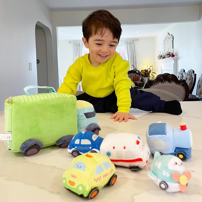 OUOZZZ Baby Boy Toys 6-12 Months - Soft Cars for Toddlers 1-3 - Little Blue Truck Plush Toys for Babies- First Birthday Gifts for Infant - Stuffed Car with Squeaker, Bell Ringing Sensory Toys Playset