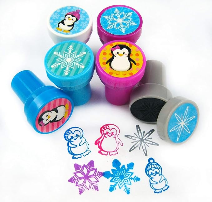 TINYMILLS Penguins Birthday Party Favor Set (12 multi-point pencils, 12 stampers, 12 sticker sheets, 12 small spiral notepads) Winter Party Favors for Classrooms