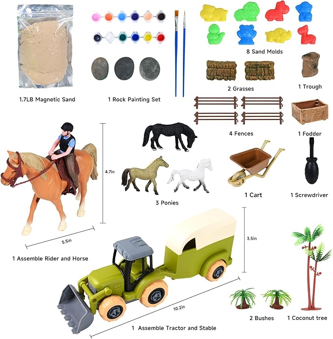 Sensory Bin - Horse Stable Playset Play Sand for Kids,Sandbox with Cover, 1.7 LB Magnetic Sand，Tractor and Stable, Rider and Horse,Rock Painting Kit,Sensory Toys for Autism 3 4 5 6 7 8 Year and Up