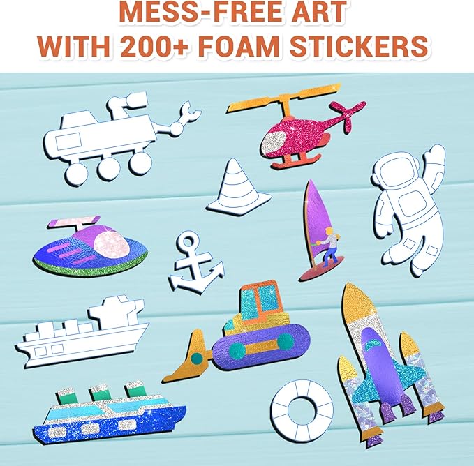 SOOVSY 200 Sheets Space Vehicles Foil Art Fun Kit for Kids, Foil Art for Kids, No Mess Art Crafts Kit DIY Creative Activity Birthday Gift Children Travel Toys for 4 5 6 7 8 9 Years Old Girls Boys
