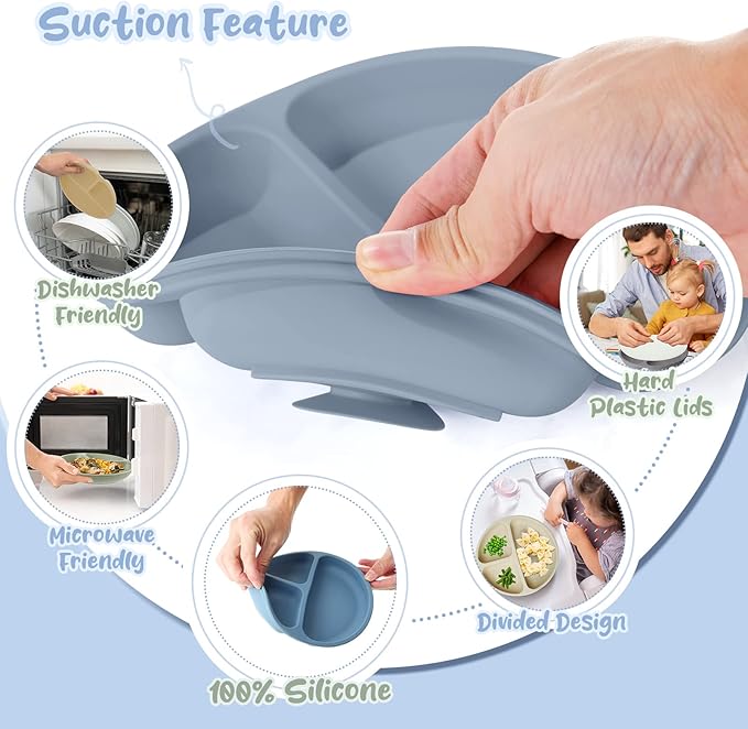 Meanplan 6 Pack Suction Plates for Toddlers with Lids Silicone Baby Plates set Food Grade Silicone Divided Design BPA Free Microwave and Dishwasher Safe Assorted Colors(Elegant Colors)