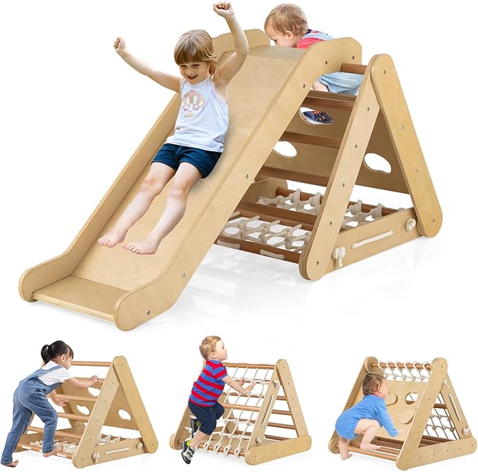 HONEY JOY 4-in-1 Triangle Climber with Ramp, 3-Side Kids Climbing Triangle Ladder with Net Rope & Bars, Wooden Montessori Climbing Toys for Toddlers Daycare, Gym & Playground, Gift for Boys Girls