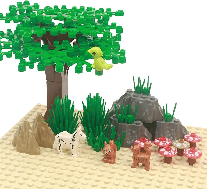 BroTex Plants Tree Accessories Jungle - Botanical Parts Bricks Flower Leaf Forest Flower Plants Pieces Building Blocks Set, Animals Farm Squirrel Birds Grass Garden House Toy (Without Baseplate)