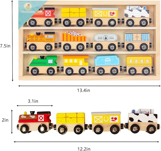 Wooden Train Sets for Toddlers, 12Pcs Train Toy Magnetic Sets Fits Brio, Thomas, Melissa and Doug, Kids for Boys Girls 3 4 5 Years Old