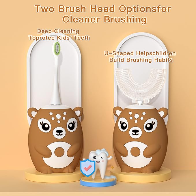 Kids Electric Toothbrushs U Shaped Sonic Automatic Toothbrush with 4 Brush Heads, Six Cleaning Modes,Cartoon Deer Modeling, Full Mouth Toothbrush for Baby