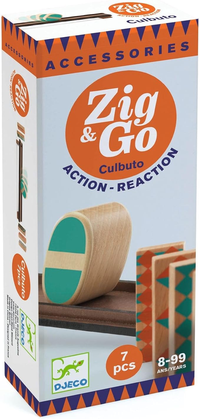 DJECO Zig & Go Culbuto Wooden Domino Set (7pcs) - Domino Construction Set for Kids - Fun & Challenging Activity for Friends & Family - Wooden Chain Reaction Game for Children 8+ Years Girls & Boys