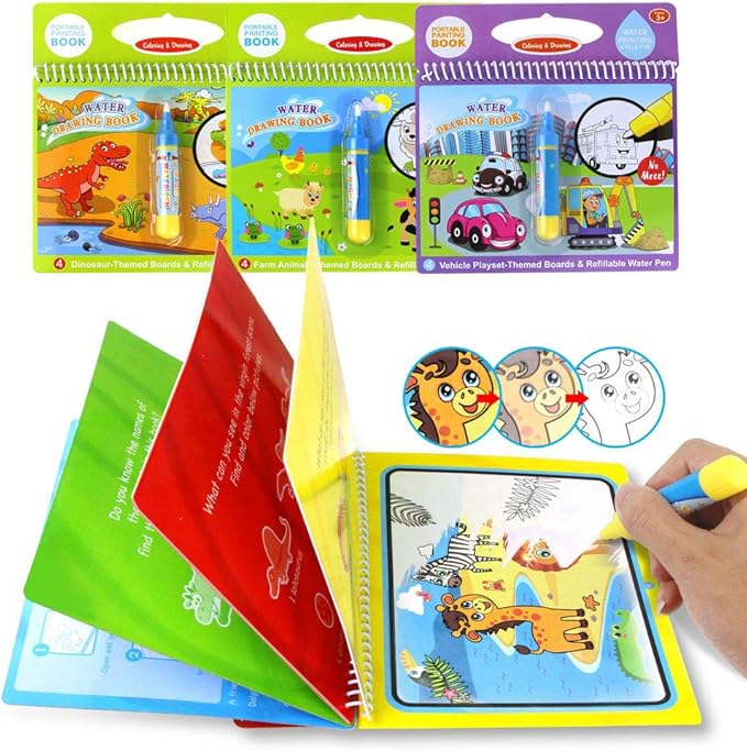 Jenilily Water Coloring Books with Pen Painting Board for Children Drawing Color Toys (Dinosaur & Cartoon Animal & Vehicle)