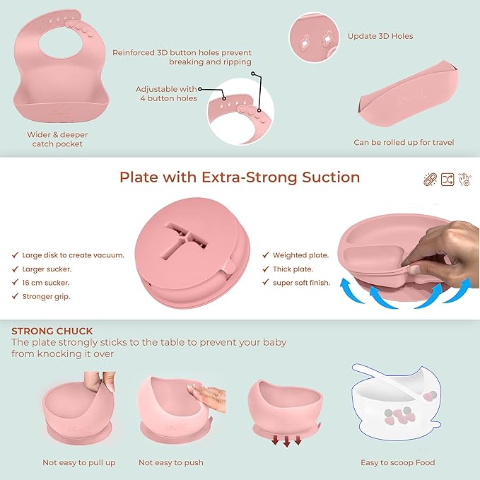 Silicone Baby Feeding Set - BPA-Free - Baby Led Weaning Supplies, Complete Kit toddler eating essentials – Empower Your Little One's Independence with LimOr's baby essentials 6-12 months (Pink)