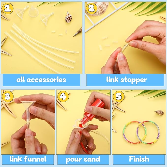 Libima 48 Pcs Sand Art Bracelets Kids, Clear Hollow Plastic Bracelet for Sand with 5 Mini Funnels Plastic Small Funnel for Sand Art Crafts and Party Favors