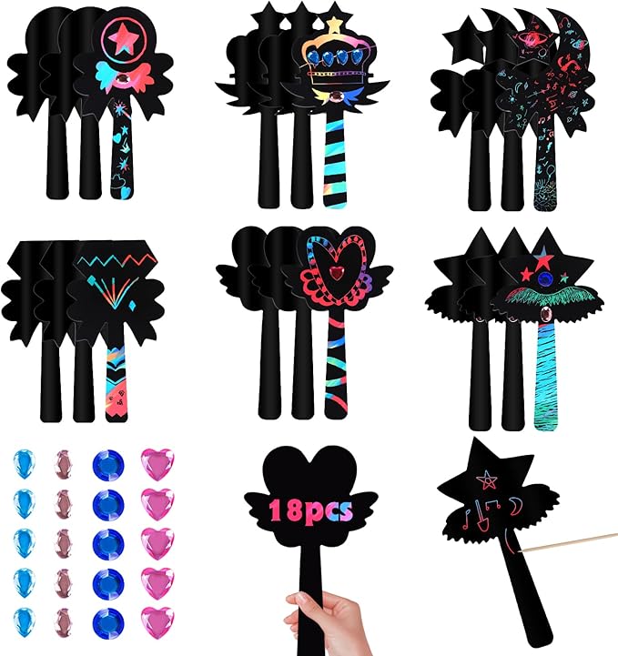 Scratch Art Set Wand Shape Witch Fake Gems, Customized Rainbow Scratch Paper Art Set for Kids, Black Scratch Art Paper Wand for Girls & Boy Birthday Halloween Christmas Party Supplies 18 PCS
