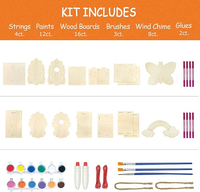 Crafts for Kids Ages 4-8 - 4 Pack DIY Bird House Wind Chime Kit - Build and Paint Birdhouses Wooden Arts Kits Easter Basket Stuffers Gifts for Girls Kids Boys Toddlers Ages 3-5 4-6 6-8 8-12
