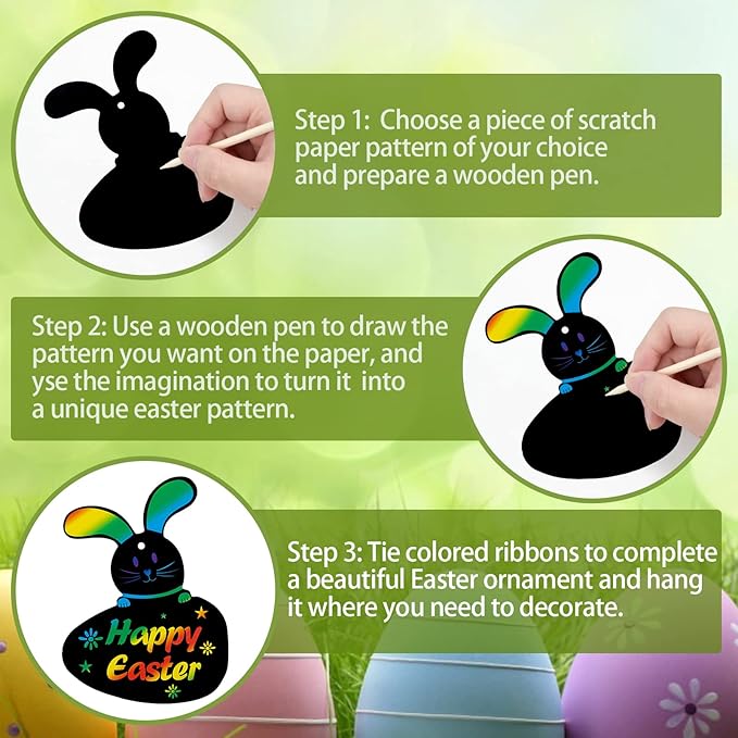 48 Pcs Easter Scratch Crafts for Kids, Rabbit Bunny Carrot Easter Egg Rainbow Scratch Paper Ornaments with Wooden Stick and Ribbon for Easter Party Favors