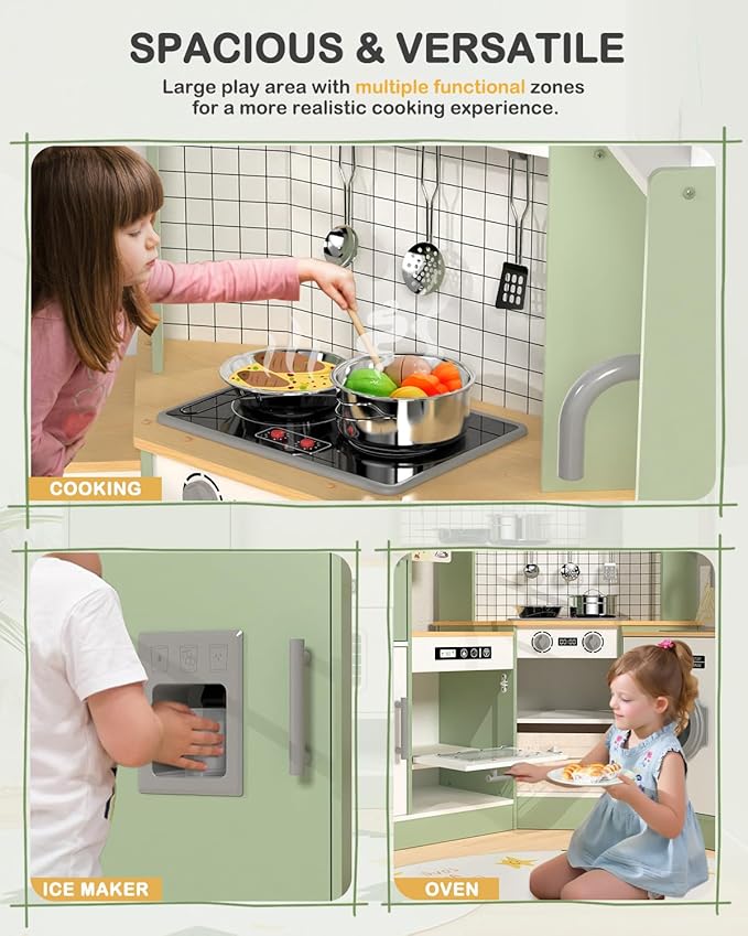 Babytronic Corner Wooden Play Kitchen Set for Kids w/Lights & Sounds, Pretend Play Kitchen Playset with Stove, Microwave, Ice Maker & Accessories, Perfect for Toddlers & Multiple Children (Green)
