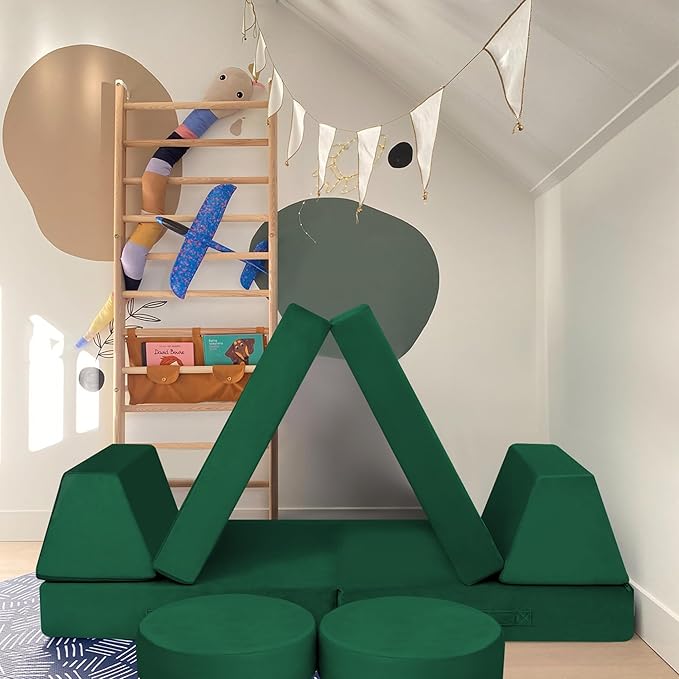 MeMoreCool 8-Piece Modular Kids Play Couch – Green Convertible Foam Toddler Sofa for Playroom, Fold-Out Baby Couch Play Set