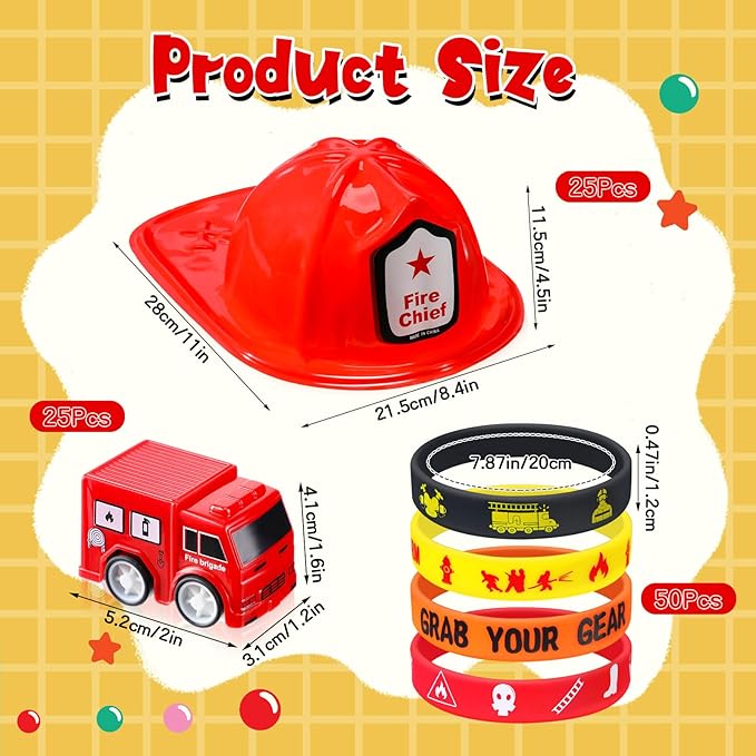 Poen 100 Pieces Mini Fire Engine Toy Trucks Firefighter Chief Soft Plastic Hat Silicone Bracelets Firefighter Birthday Party Supplies Fire Truck Toy Party Favor for Kids Boys Girls