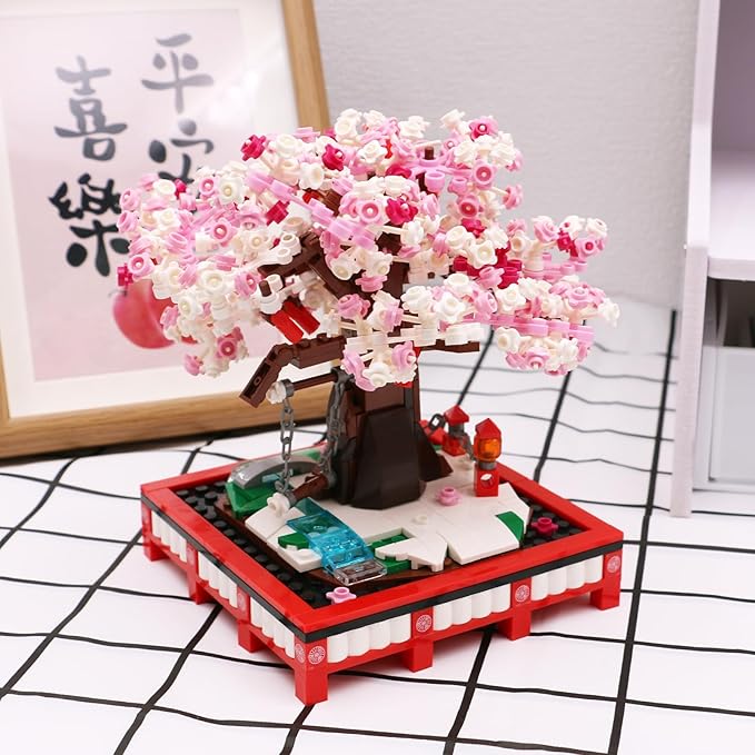 Small Bricks Cherry Blossom Tree Building Set Building Block Kit Sakura Bonsai DIY Toy Potted Plant Tree Regular Particle Simulation Flower Botanical Collection Construction Toy 648 Pcs 63001