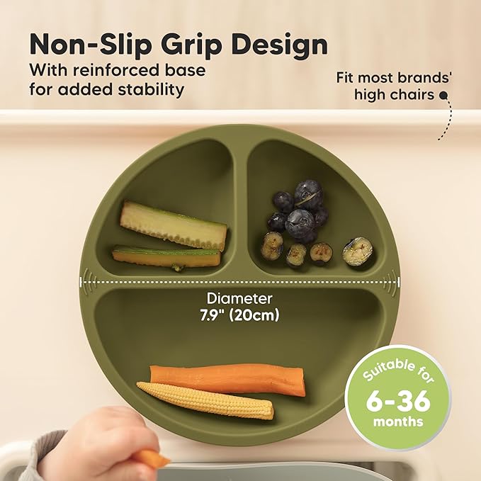 KeaBabies Suction Plates for Baby, Toddler - 3-Pack 100% Silicone Toddler Plates, Divided Baby Plates with Suction, Silicone Plates for Baby, Kids, BPA-Free, Microwave, Dishwasher Safe (Olives)