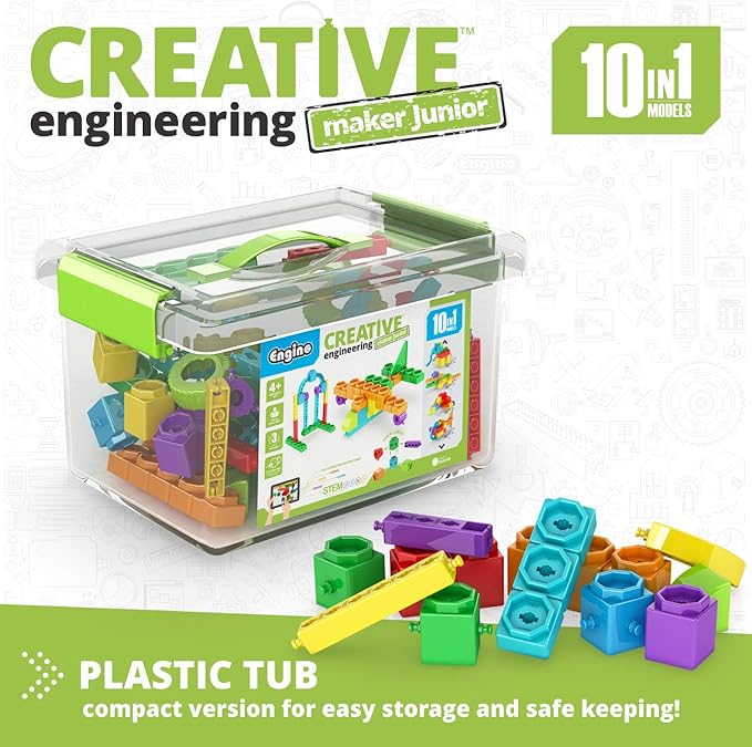 Engino STEAM Maker Junior 10 Model Set, Stackable Building Blocks, STEM Building Toys, Educational Toys for Kids 4+, Gift for Boys & Girls