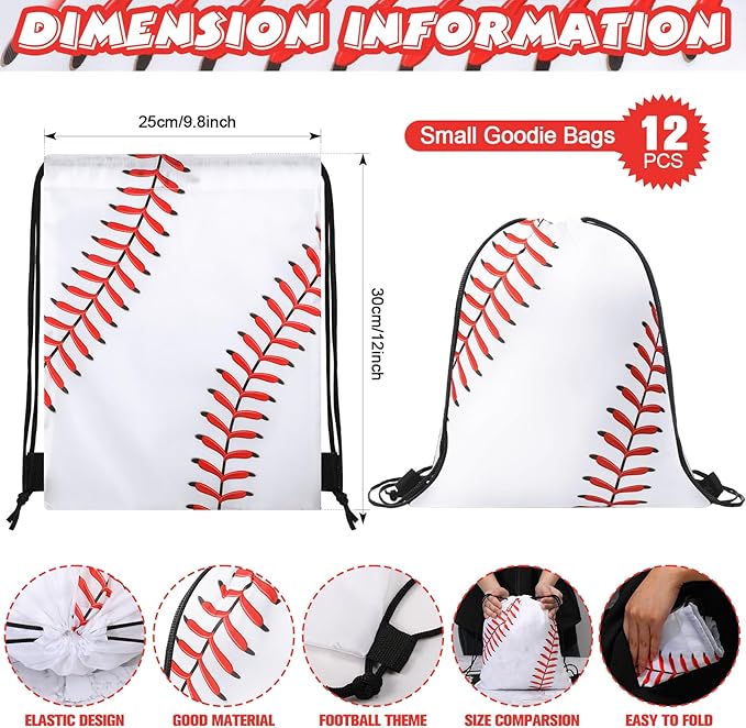 Poen 48 Pcs Baseball Party Favors Baseball Themed Supplies Include 12 Baseball Drawstring Backpack 12 Mini Baseball 12 Baseball Keychain 12 Baseball Wax Thread Braided Bracelet Inspirational Team Gift