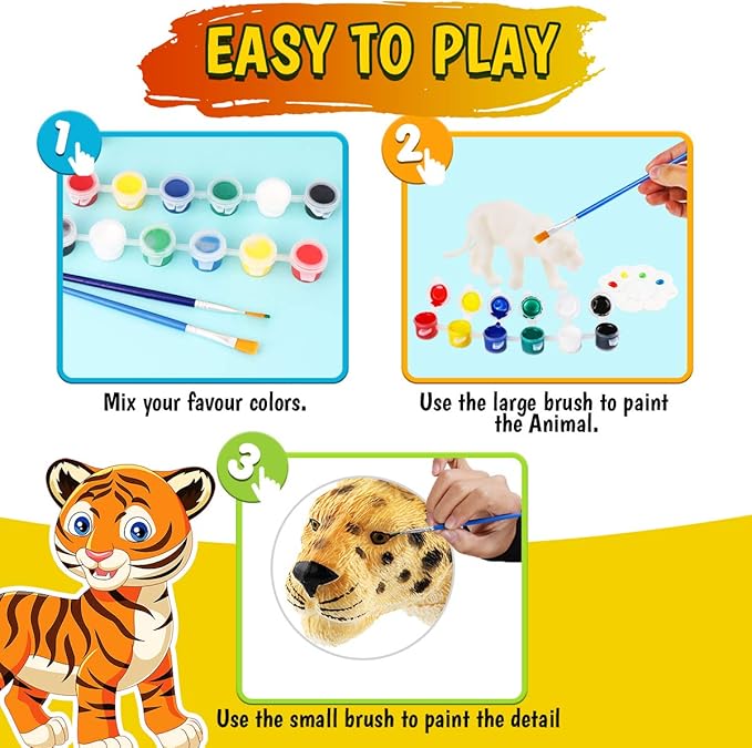 FUNZBO Safari Animals Figures Paint Set for Kids, Arts and Crafts Supplies Painting Kit for Kids ages 4-8, Zoo Jungle Animals Figurines Toy & Playsets for Toddlers 1-3,3-5,5-7 Boys Girls Birthday Gift