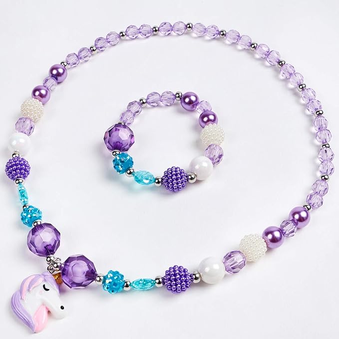 G.C 3 Sets Girl Princess Necklace Bracelet with Colorful Unicorn Mermaid Rainbow Pendant Kids Stretchy Chunky Costume Jewelry Gift Party Favors Dress up Jewelry for Little Girl Toddler(with Gift Box) (A)