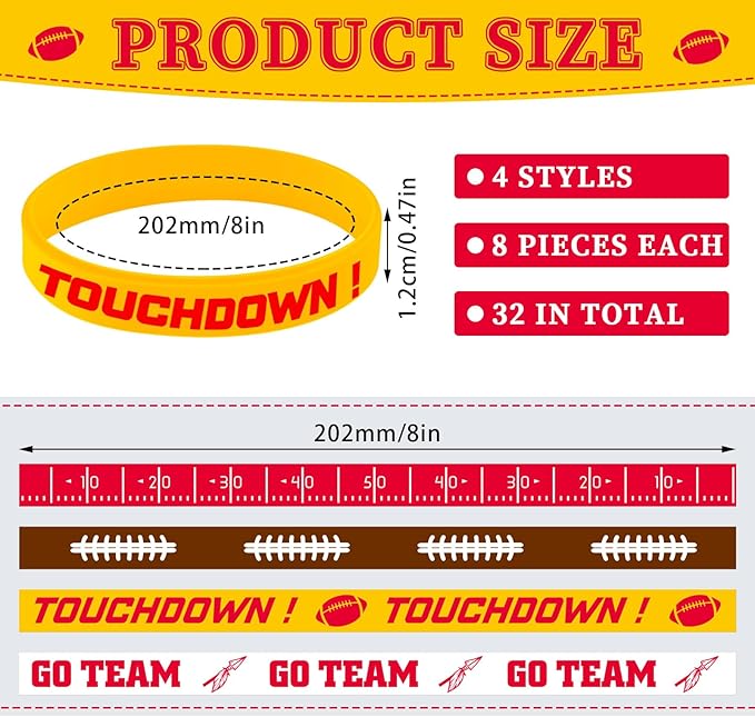 Deekin 32 Pcs Football Silicone Bracelets Football Party Favor Bracelet Football Motivational Rubber Bracelets for Men Women Fan Party Favors Sport Theme Birthday Party Supplies Gifts(Bright)