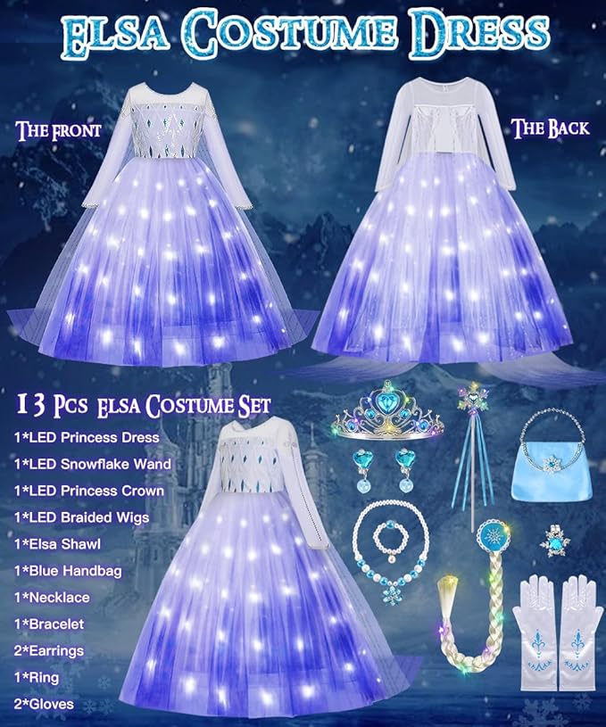 TOLOYE Princess Dresses for Girls, Light Up Elsa Anna Frozen Dress Up with Accessories for Birthday Halloween Carnival