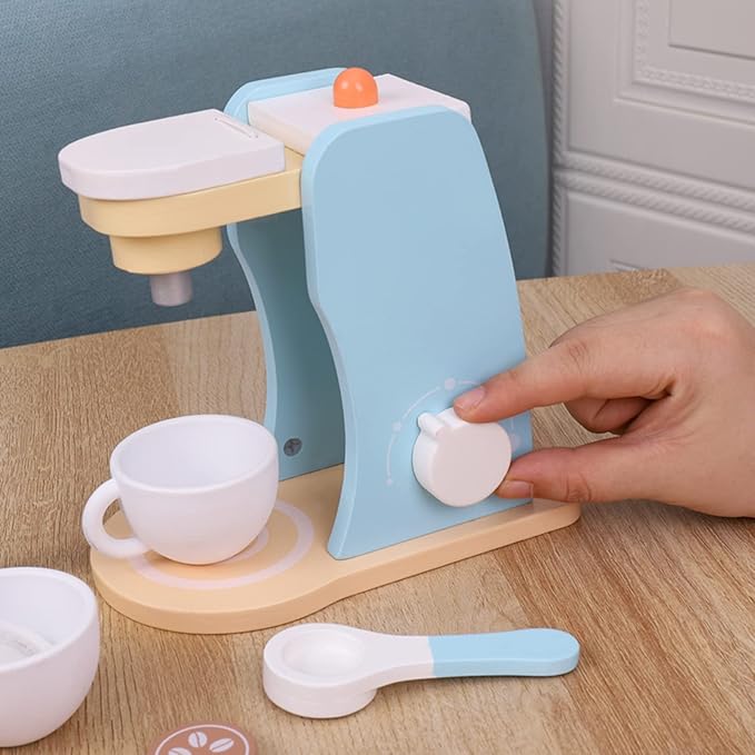 Wooden Coffee Maker Set Play Kitchen Accessories, Encourages Imaginative Playset Pretend Play Game for 3 4 5 6 7 Years Old Boys Girls, Early Education Coffee Machine for Kids Birthday Gift, 7 Pieces