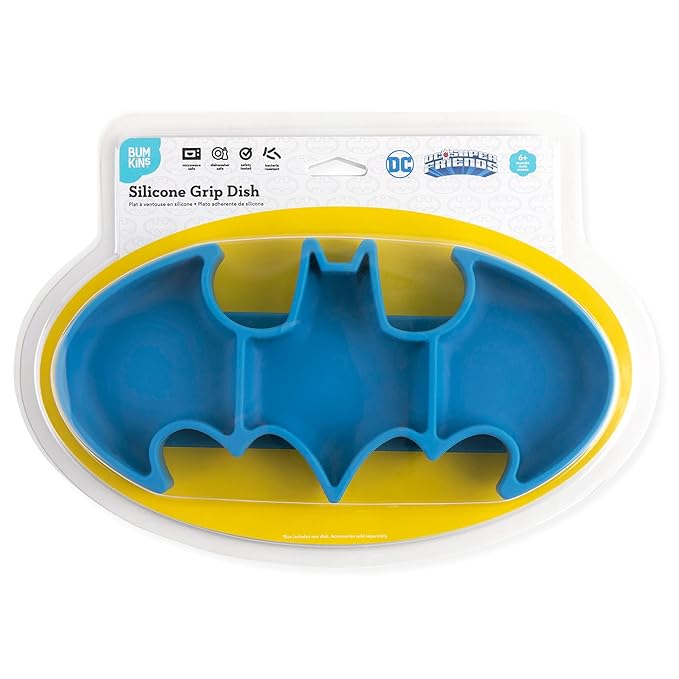 Bumkins Toddler and Baby Suction Plate, Silicone Grip Dish, Babies and Kids, Baby Led Weaning, Children Feeding Supplies, Non Skid Sticky Bottom, Platinum Silicone, Ages 6 Months Up, Batman Blue