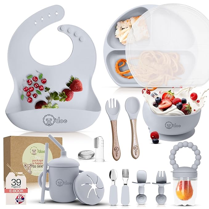 O'doe 17-Piece BPA-Free Silicone Baby Feeding Set | Thick & Soft Suction Plates, Baby Bowls, Wooden Fork & Spoon, and More | Make Mealtime Fun and Easy for Your Little One (Grey, V2)