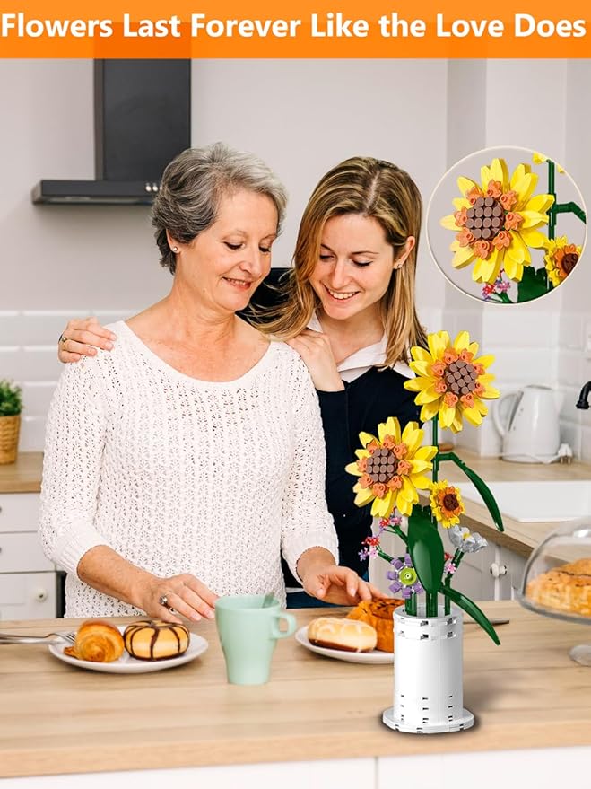 Sunflower Building Block Set, Flower Bouquet with Vase Building Toys, Party Gift Favor for Adults Teens Kids Girls Boys