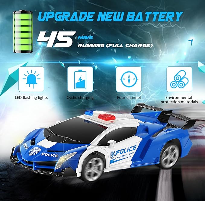 FIGROL Remote Control Car｜Transformable Robot RC Car｜2.4Ghz 1:18 Scale Model Police Car with One Button Deformation｜360 Degree Rotation Drifting for Children