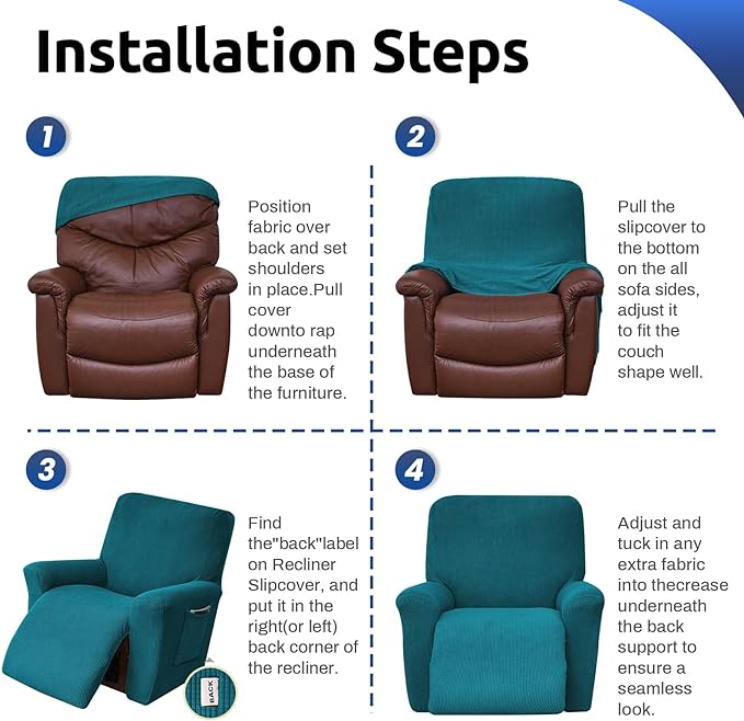KEKUOU Recliner Chair Covers,Lazy Boy Recliner Covers Stretch Couch Cover Slipcovers 1 Piece Furniture Protector with Elastic Bottom for Kid,Dog(Recliner,Peacock Blue)