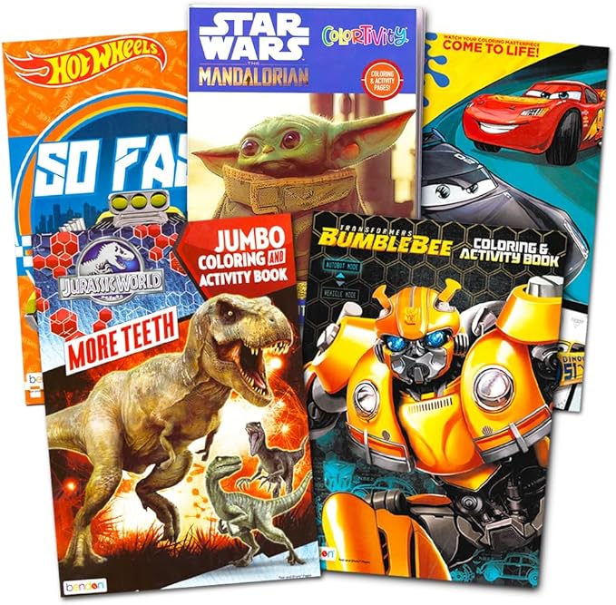 Coloring Books for Boys Super Set ~ Bundle Includes 5 Books and Stickers (Hot Wheels, Transformers, Jurassic World, Star Wars, Disney Cars)